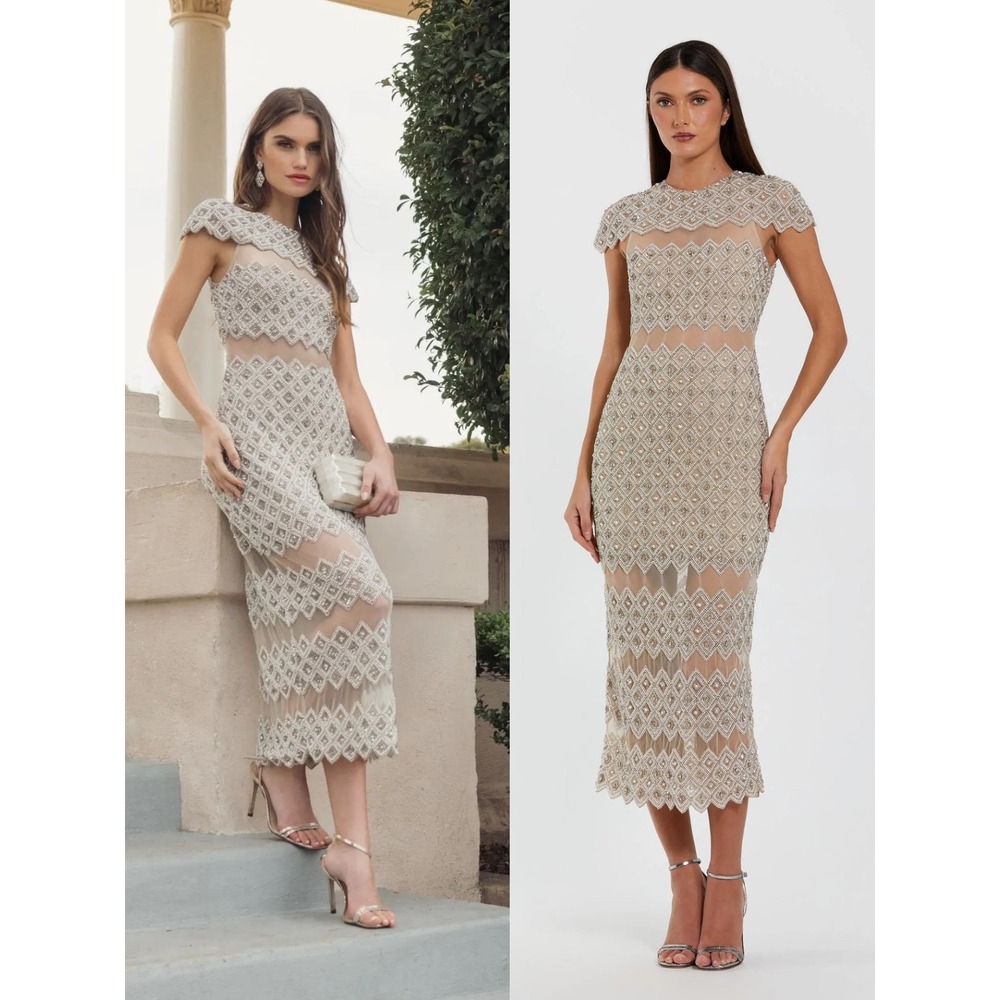 Mac Duggal Beige Embellished Mesh Fitted Midi Dress W/ Sheer Panels $798 Size 2